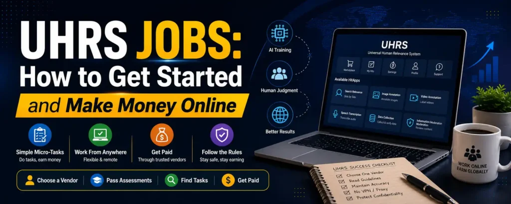 UHRS jobs and online micro-tasks displayed on a laptop for remote work