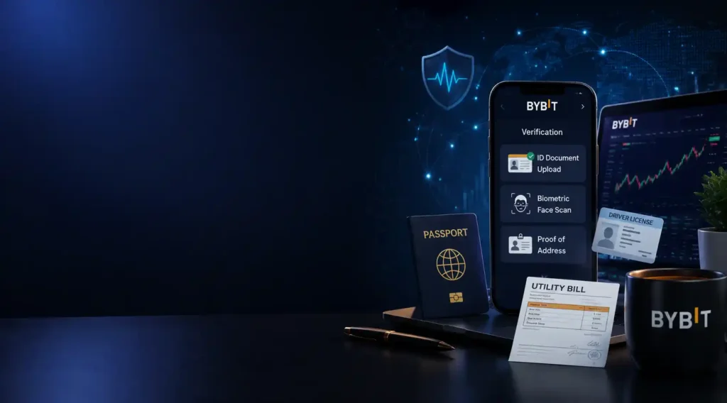 Bybit KYC verification step-by-step setup guide showing Level 1 and Level 2 identity document requirements and withdrawal limits.
