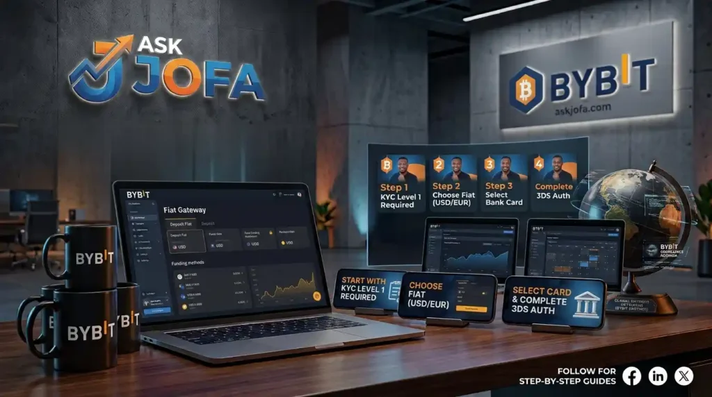 A desktop view of the Bybit One-Click Buy interface open on a laptop, demonstrating the fiat gateway for purchasing cryptocurrency like USDT instantly using a Visa credit card. The surrounding workspace features Bybit branding, illustrating a secure cryptocurrency funding setup.