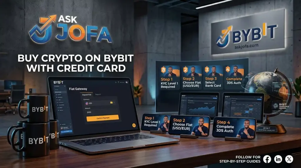An infographic detailing the four key steps required to buy cryptocurrency on the Bybit app: completing Individual KYC Level 1, selecting USD/EUR fiat, linking a matching Visa/Mastercard, and passing mandatory 3D Secure (3DS) bank authentication for instant settlement.