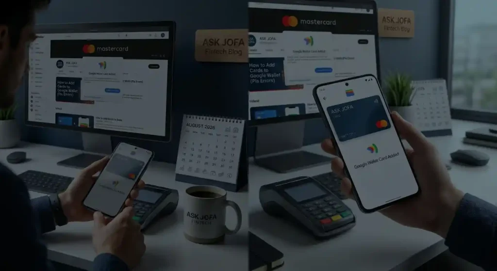 A clean, dark moody-lit diptych of a modern desk setup. On the left, a man sits at a wide monitor displaying 'ASK JOFA Fintech Blog' and the Google Wallet interface. A coffee mug with 'ASK JOFA FINTECH' is next to a card reader. On the right, a detailed close-up shows hands holding a smartphone with 'Google Wallet Card Added' on the screen, indicating a successful mobile payment transaction, with an expanded August 2026 calendar and wooden 'ASK JOFA' plaques in the background.