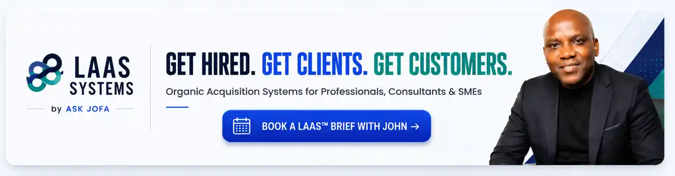 LAAS Systems by ASK JOFA banner promoting organic acquisition systems to help professionals get hired, consultants get clients, and SMEs get customers.