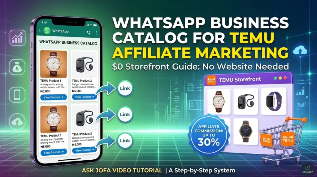 ASK JOFA digital workspace featuring a desktop display showing a TEMU affiliate product catalog, branded coffee mug, smartphone, and wall poster framing a zero dollar WhatsApp storefront system.