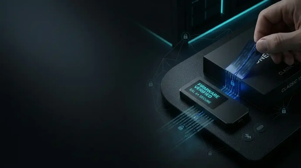 Dark-themed banner featuring a OneKey Classic 1S hardware wallet unboxing with holographic security seals, EAL 6+ secure element badge, and dark space for text overlays.