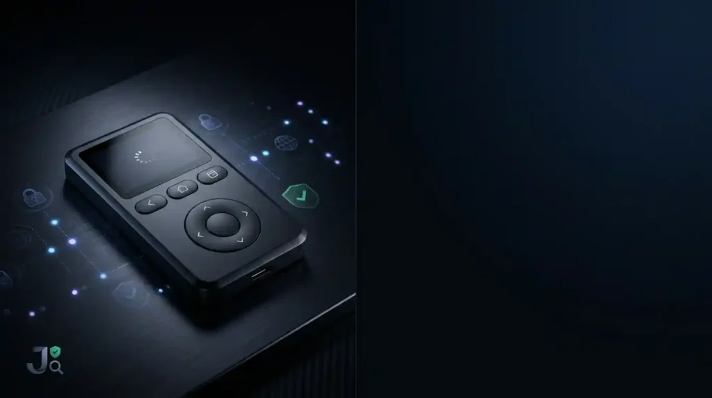 Dark-themed hero banner featuring a OneKey hardware wallet with security graphics and empty dark space for custom headline text.