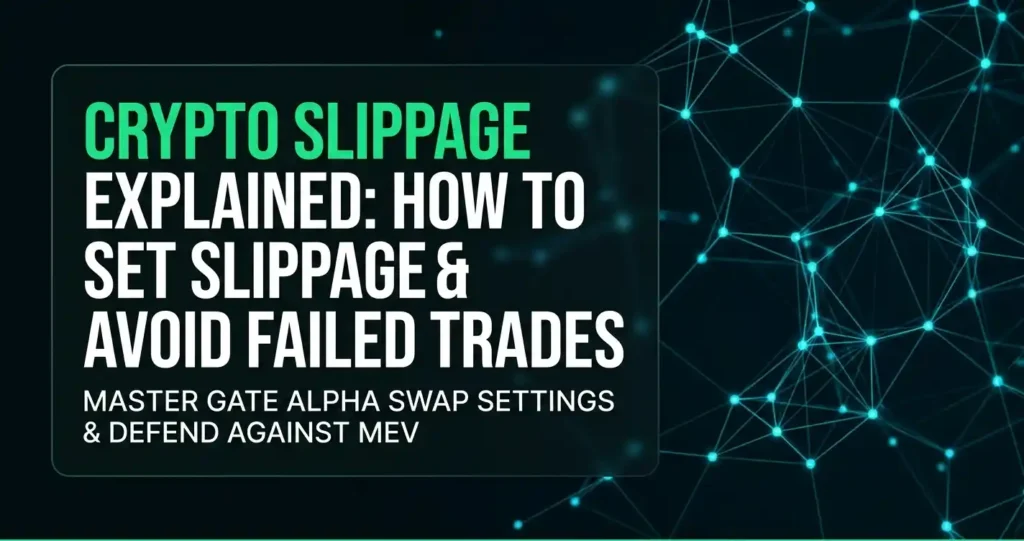 Social media hero banner titled Crypto Slippage Explained: How to Set Slippage & Avoid Failed Trades with dark Web3 DEX interface visuals