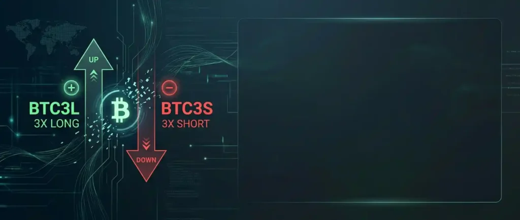 An abstract digital financial network visualization illustrating how cryptocurrency leveraged tokens work. The left side shows a green upward arrow with "BTC3L 3X LONG" and a Bitcoin symbol (₿), contrasted by a red downward arrow with "BTC3S 3X SHORT." The right side is dark and clear, providing ample space for text overlay.