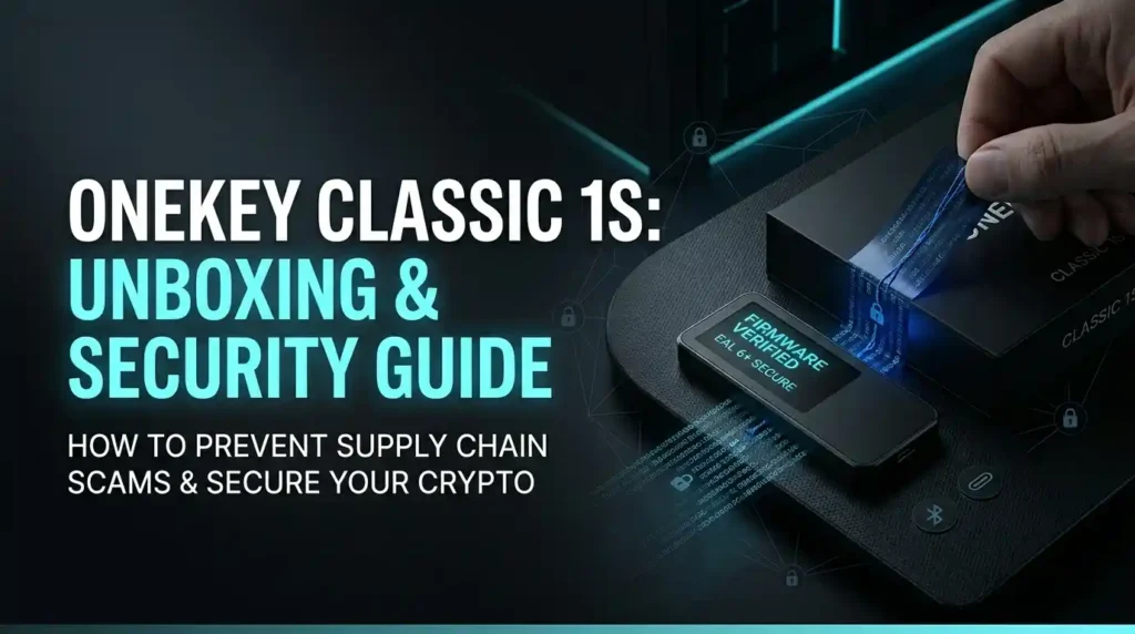 Social share banner for OneKey Classic 1S Unboxing and Security Guide showing hardware wallet security checks and anti-tamper verification.