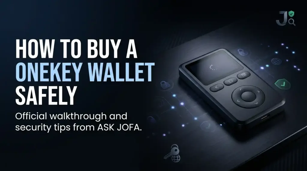 Social media hero banner titled "How to Buy a OneKey Wallet Safely: Official Walkthrough and Security Tips from ASK JOFA" alongside a OneKey hardware wallet.