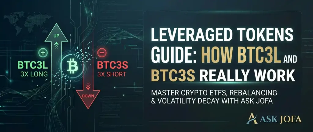 A professional social media hero banner with the bold title: "LEVERAGED TOKENS GUIDE: HOW BTC3L AND BTC3S REALLY WORK." The background is a sophisticated digital financial network visualization, integrating green upward and red downward trend indicators for BTC3L (3x Long) and BTC3S (3x Short), alongside a glowing Bitcoin symbol. A subtle sub-headline reads: "MASTER CRYPTO ETFS, REBALANCING & VOLATILITY DECAY WITH ASK JOFA." The ASK JOFA logo is visible.