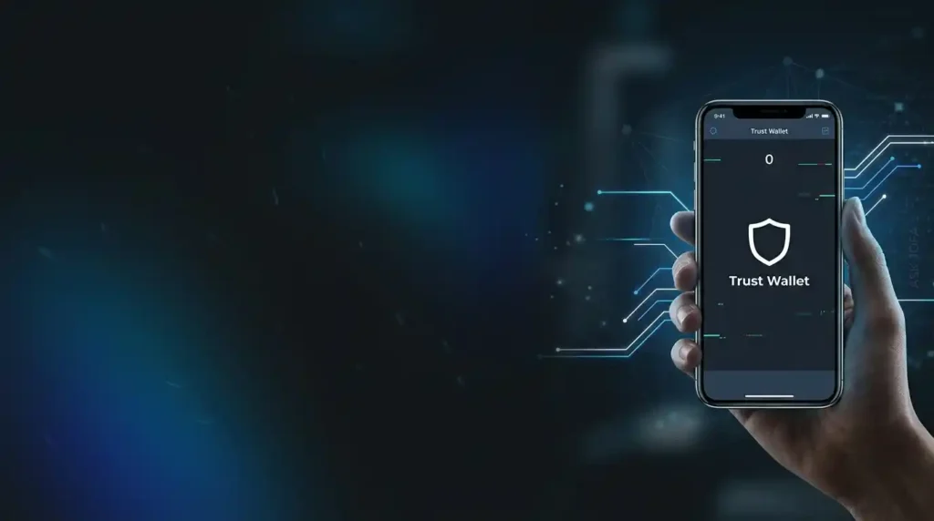 A dark-themed conceptual banner featuring a hand holding a smartphone on the far right displaying a blank or '0' balance Trust Wallet interface. The left side is a dark, open, data-infused expanse, optimized as negative space for overlaying a custom heading. Subtle blue blockchain network lines connect the devices to the dark void.