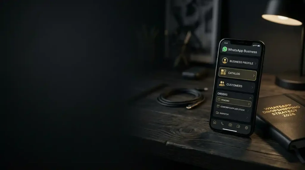 How to Do Dropshipping with No Money: WhatsApp Business Strategy Dark-themed banner showing a smartphone with the WhatsApp Business app open next to a strategy notebook for dropshipping with zero capital.