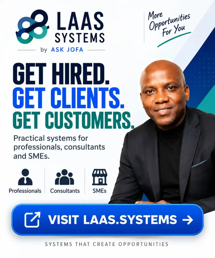 LAAS Systems banner helping professionals get hired, consultants get clients, and SMEs get customers