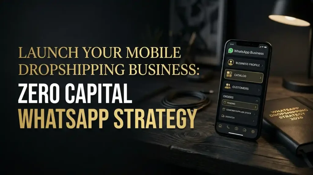 Social media banner titled Launch Your Mobile Dropshipping Business: Zero Capital WhatsApp Strategy with a smartphone displaying WhatsApp Business options.