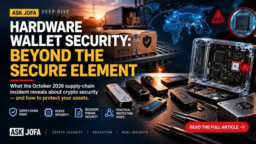 ASK JOFA article banner, “Hardware Wallet Security: Beyond the Secure Element,” featuring crypto hardware wallets, a supply chain, exposed circuitry and device security risks.