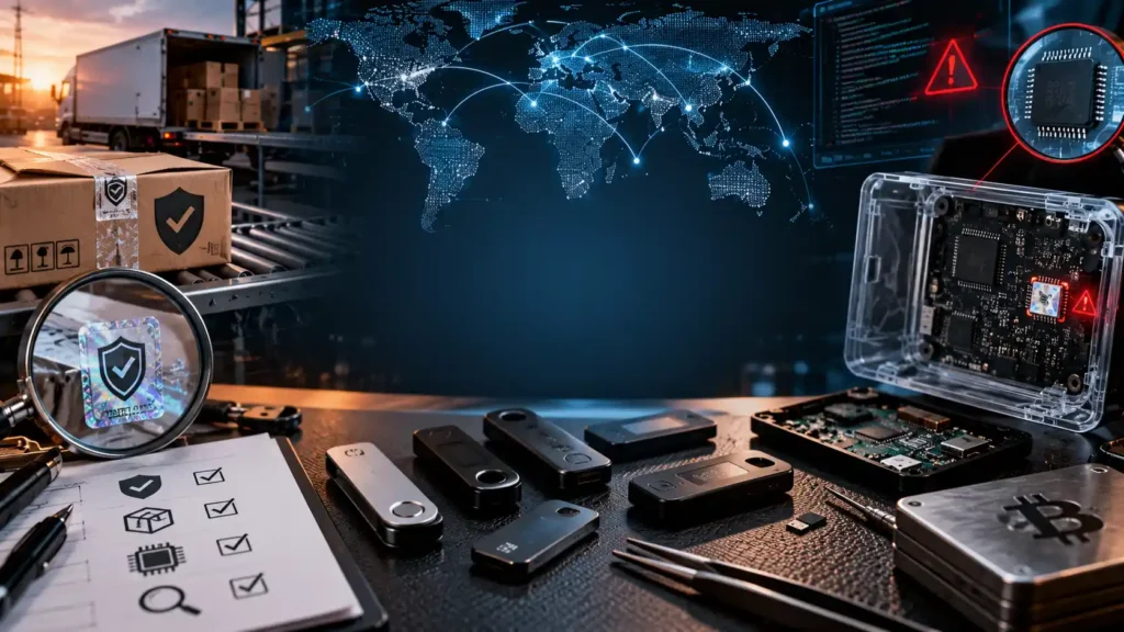 Hardware Wallet Security: Beyond the Secure Element Crypto hardware wallets on a security inspection workbench illustrating device integrity, supply chain risks and hardware wallet security.
